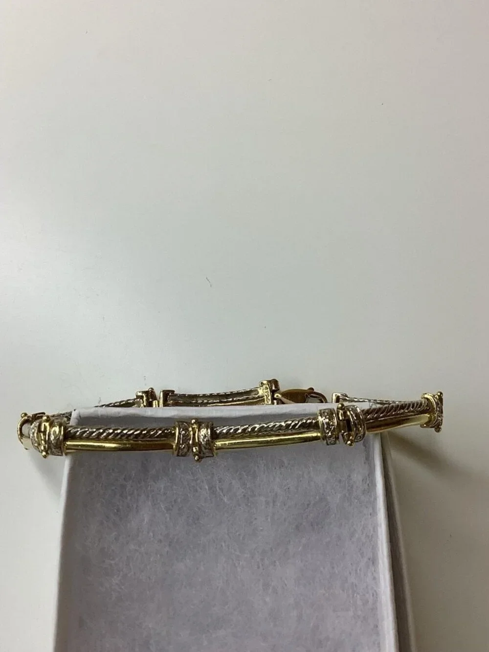 14K Two Tone Gold, 13.4g Bar Link With Diamond Accents Vintage Bracelet Preloved